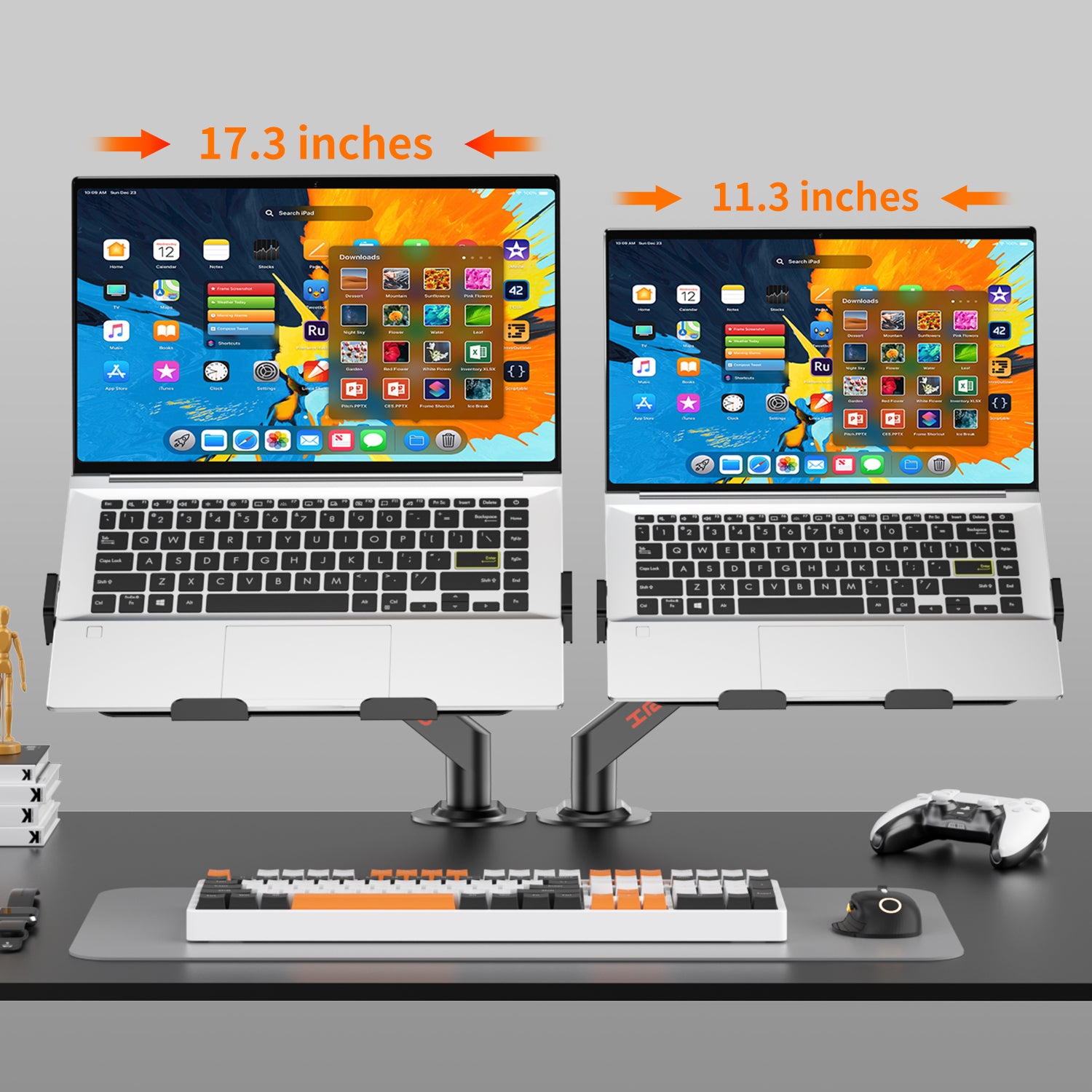 白いキーボードスタンドとMacBook、iPadのセット画像