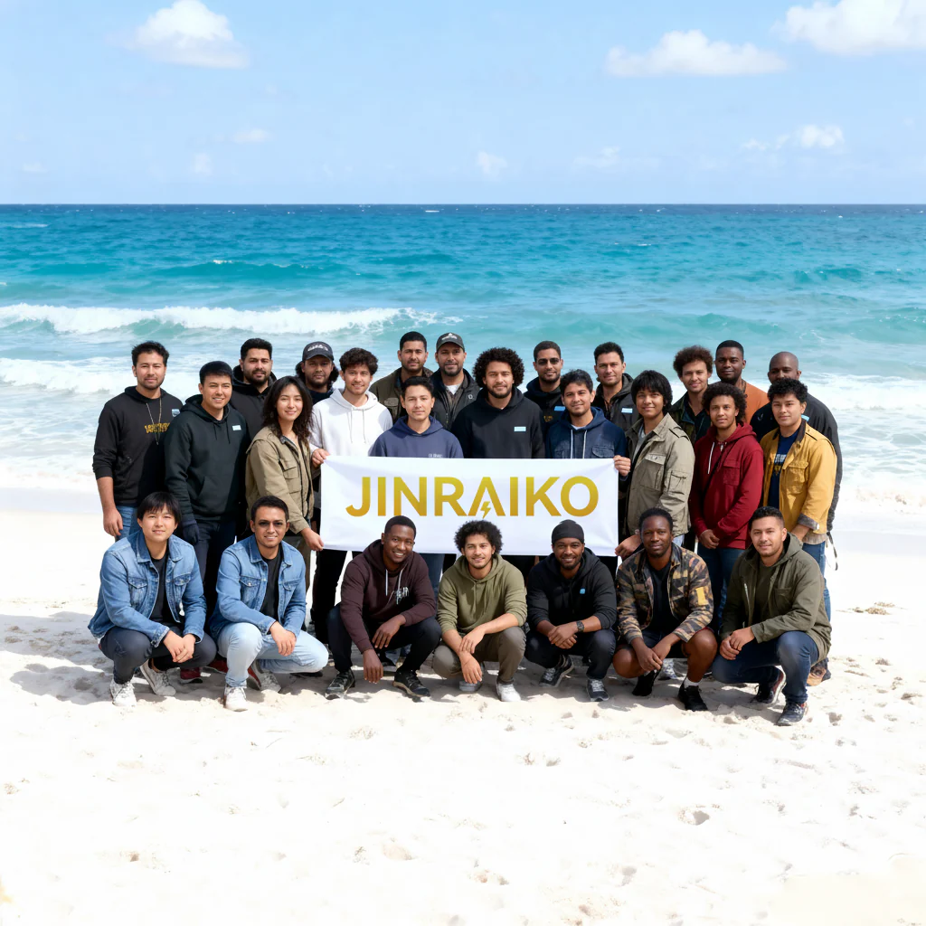 白い砂浜で「JINRAIKO」の横断幕を持つグループ写真