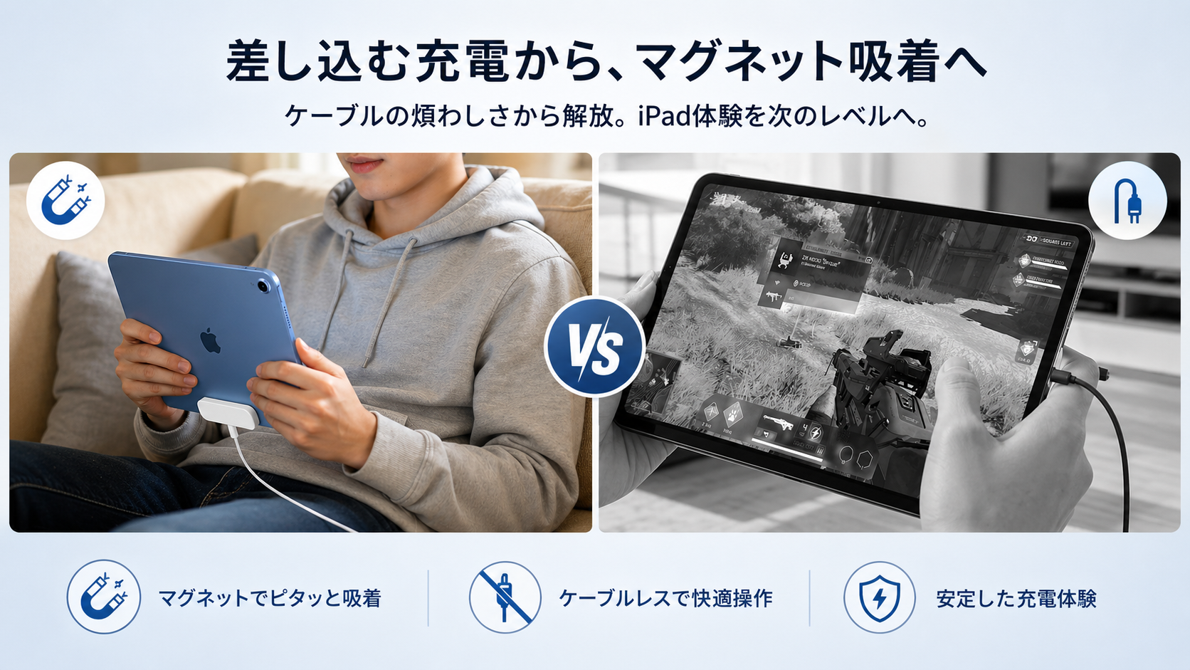 タブレットでiPadを充電。ケーブルとセキュリティプラグ付き。