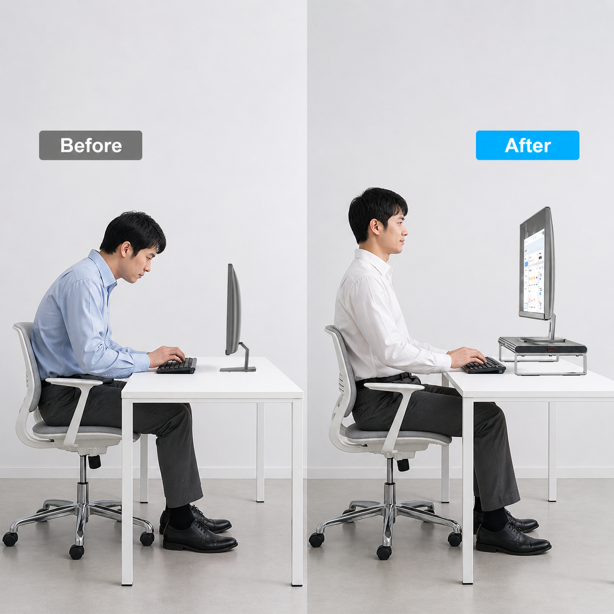 白い机と椅子での姿勢改善イメージ画像。男性が正しい姿勢でPC作業をしている様子。