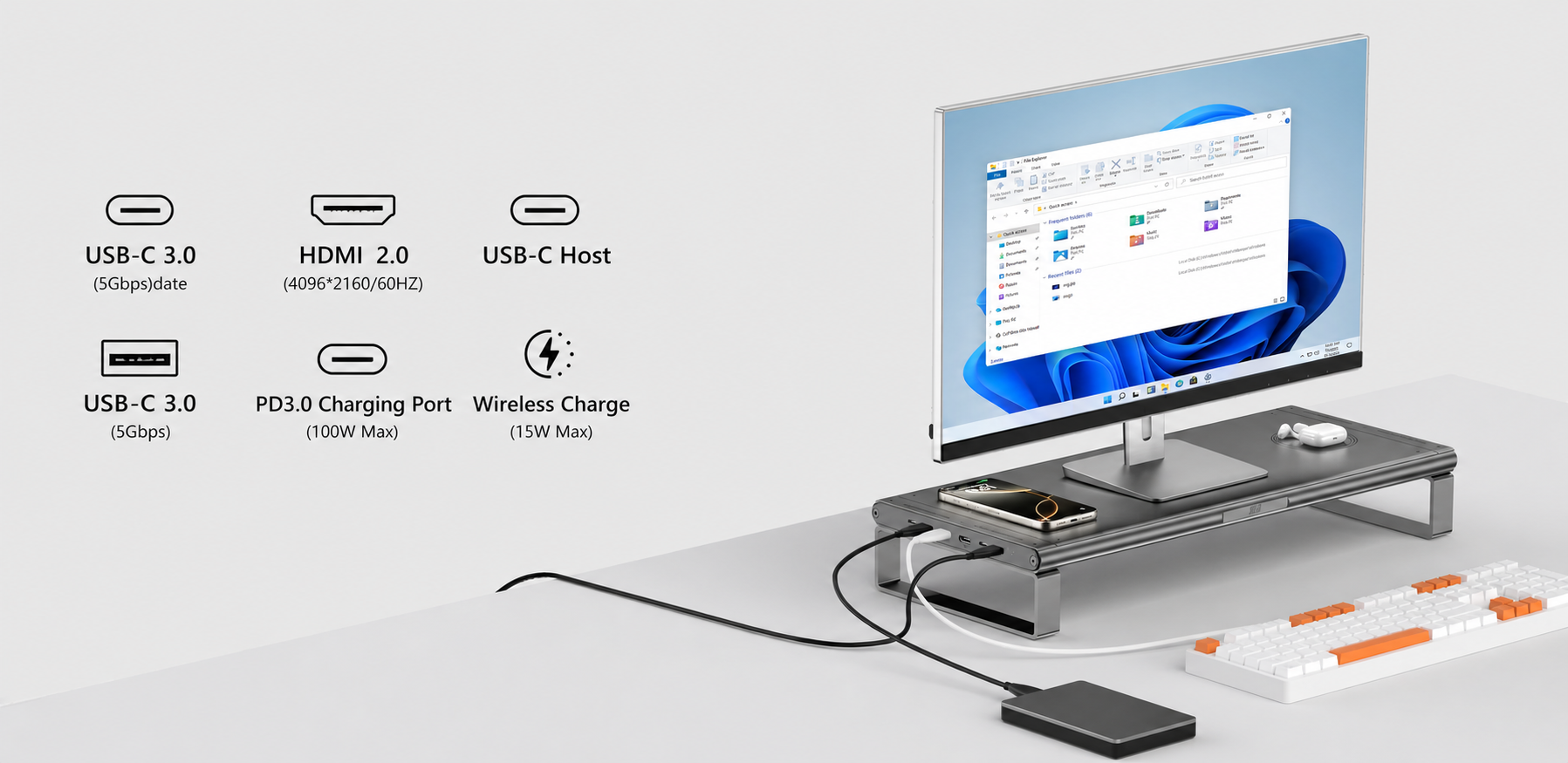 モニター用スタンドとUSB-Cアダプターのセット。黒色の金属製。