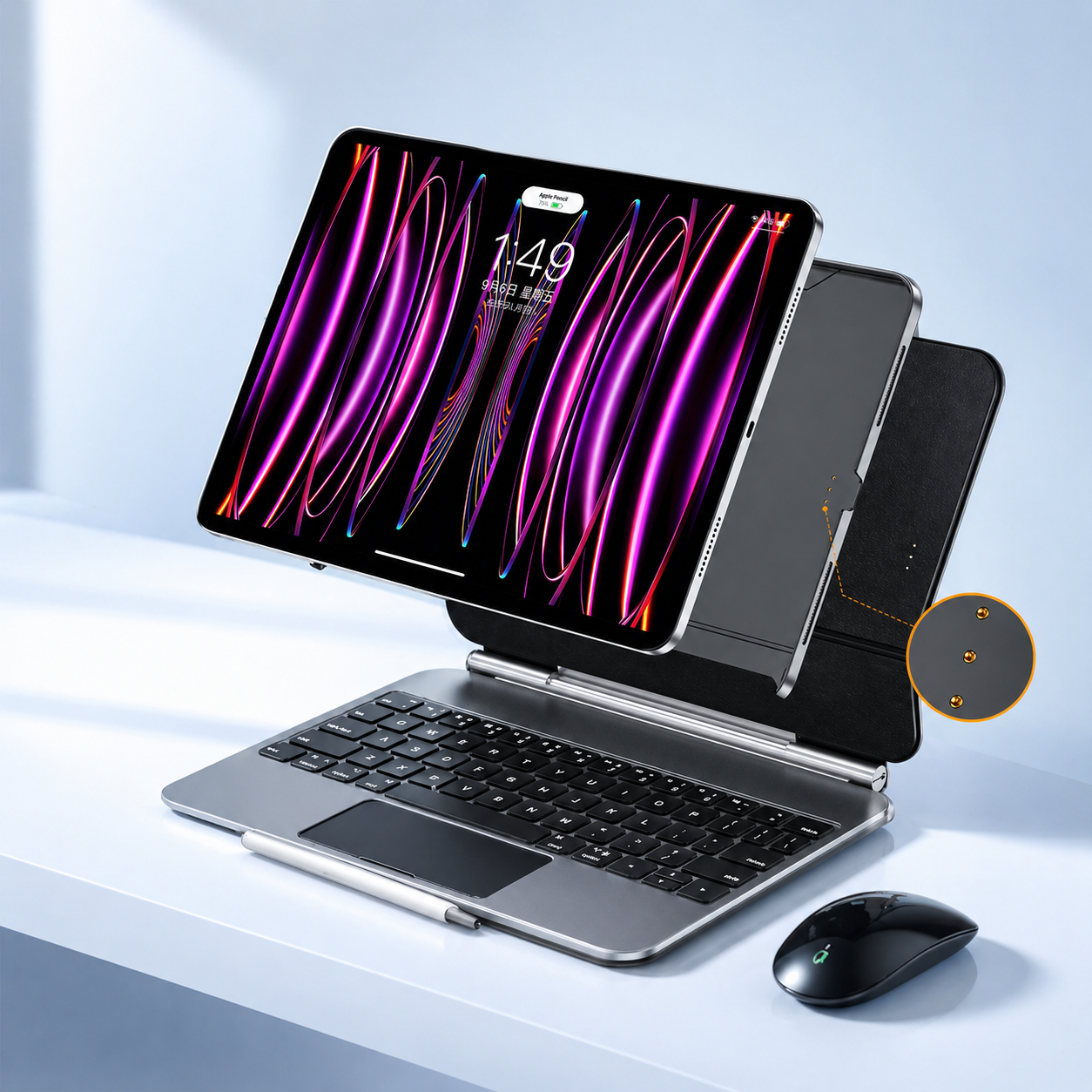 iPadとキーボード、マウスがセットになったスタイリッシュなデザイン。