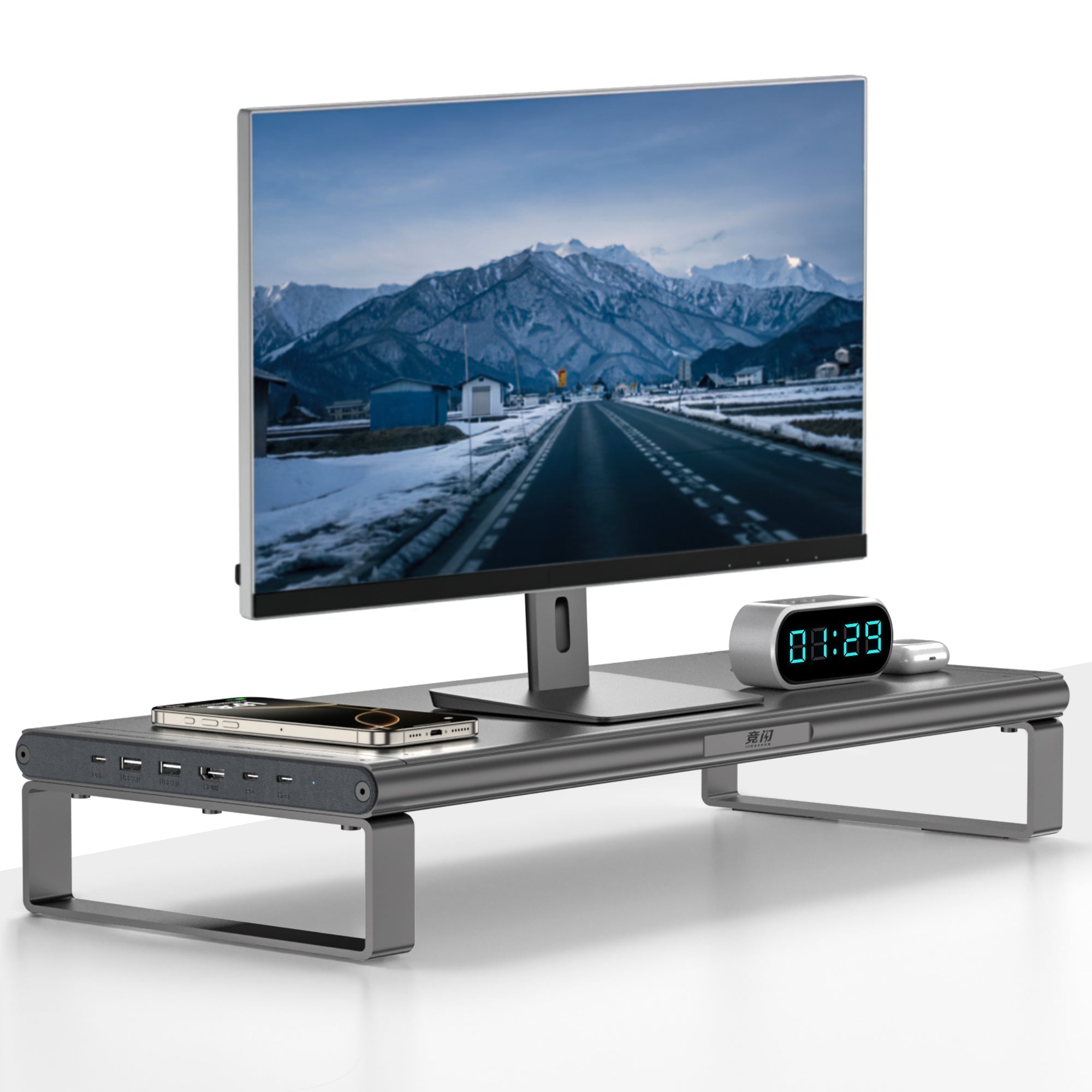 Aluminum Monitor Riser with Wireless Charging Dock & USB-C Hub