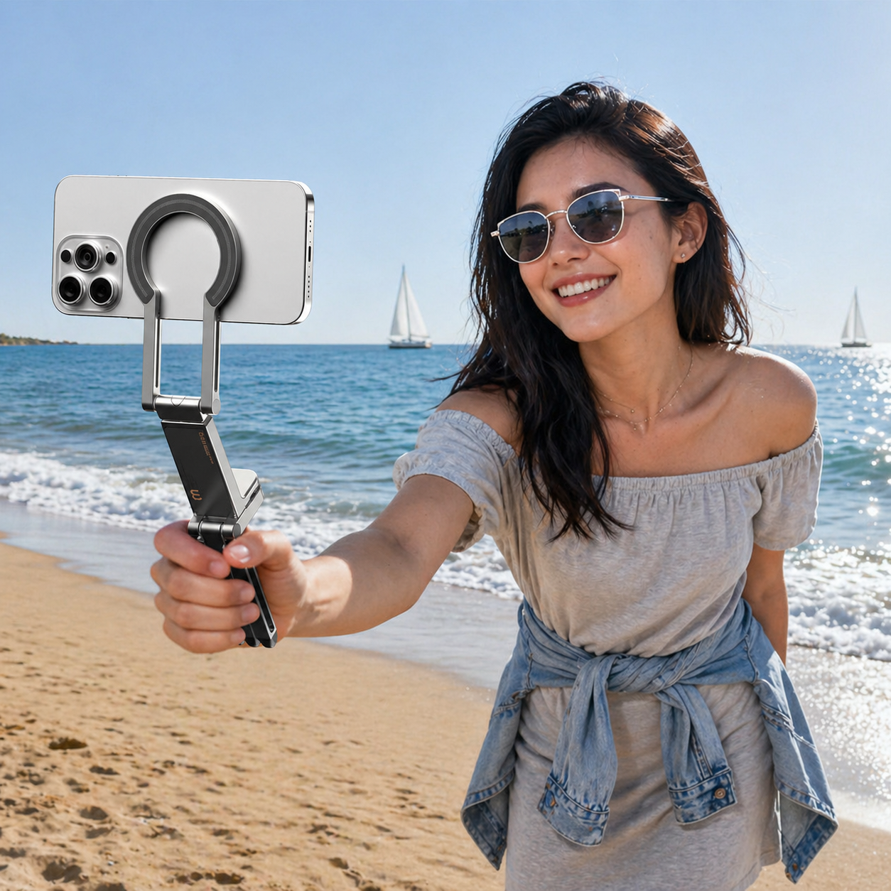 砂浜でスマートフォンを撮影する女性、黒色の三脚と青いシャツ。