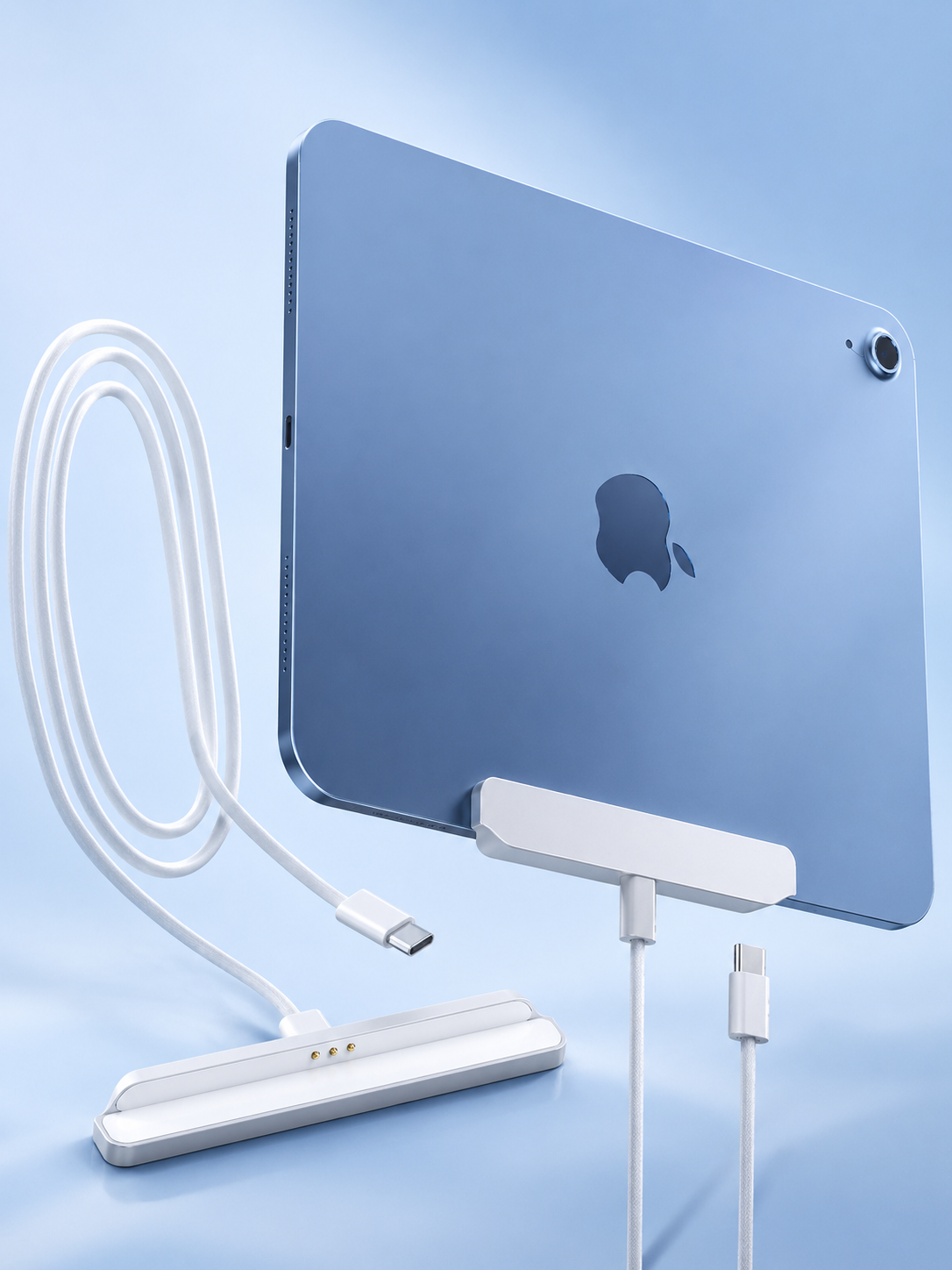 青いiPadと充電スタンド、白いケーブルの画像