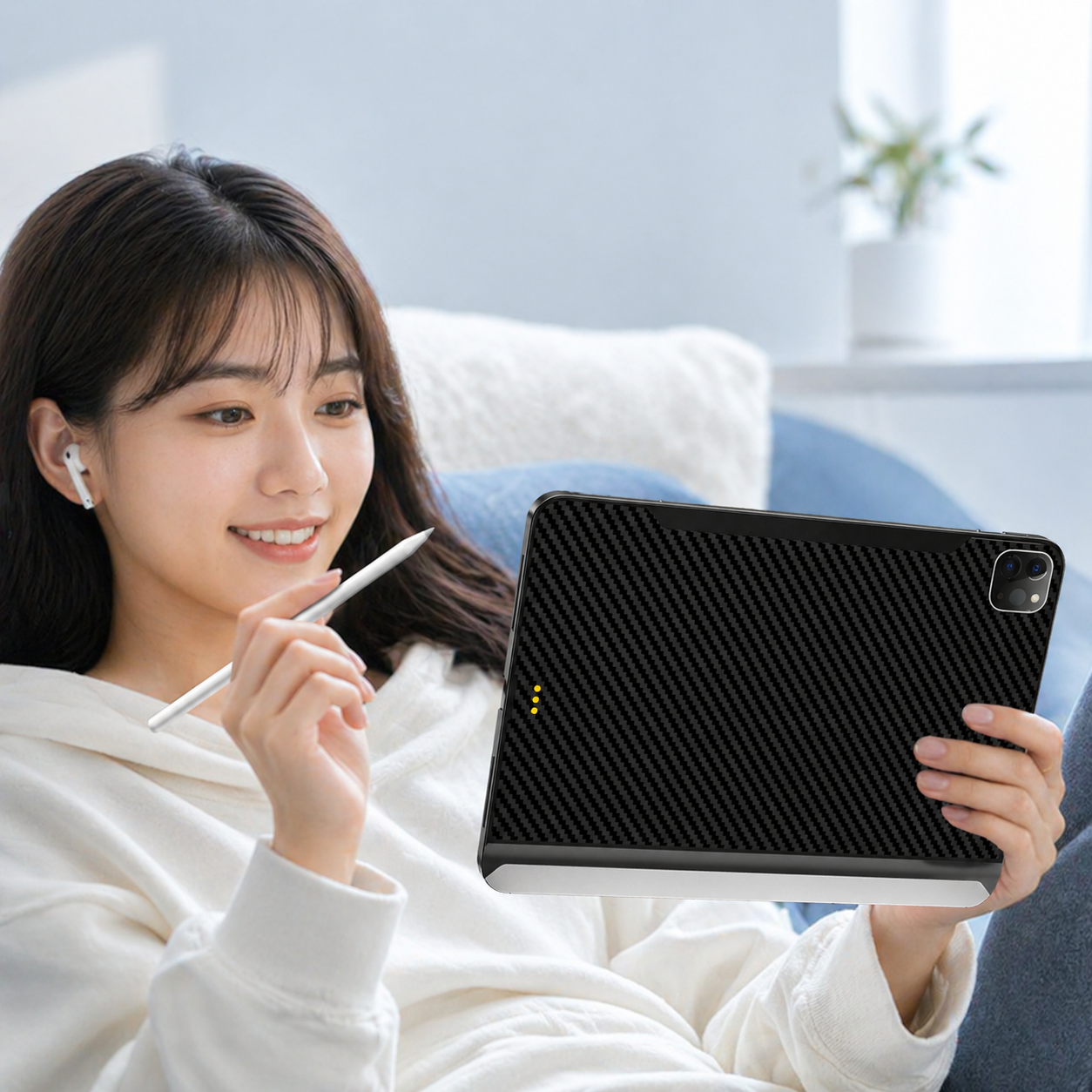 黒カーボンファイバーのiPadケースとスタイラスペンを使用している女性。