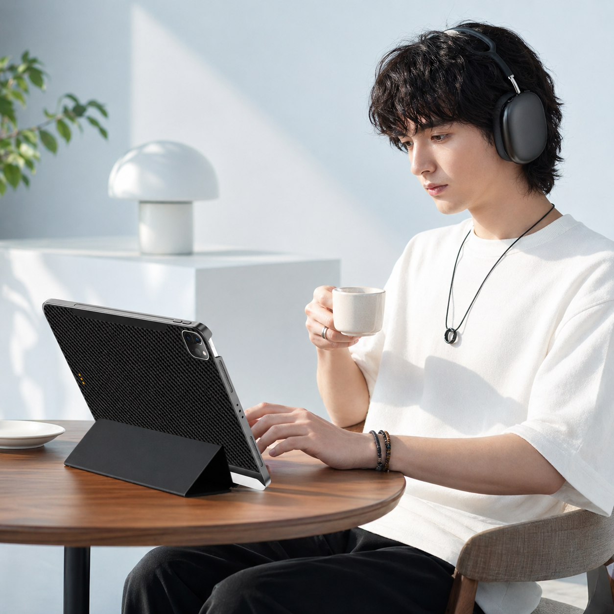 黒いタブレットとコーヒーを飲む男性。ヘッドホンと白いTシャツ着用。