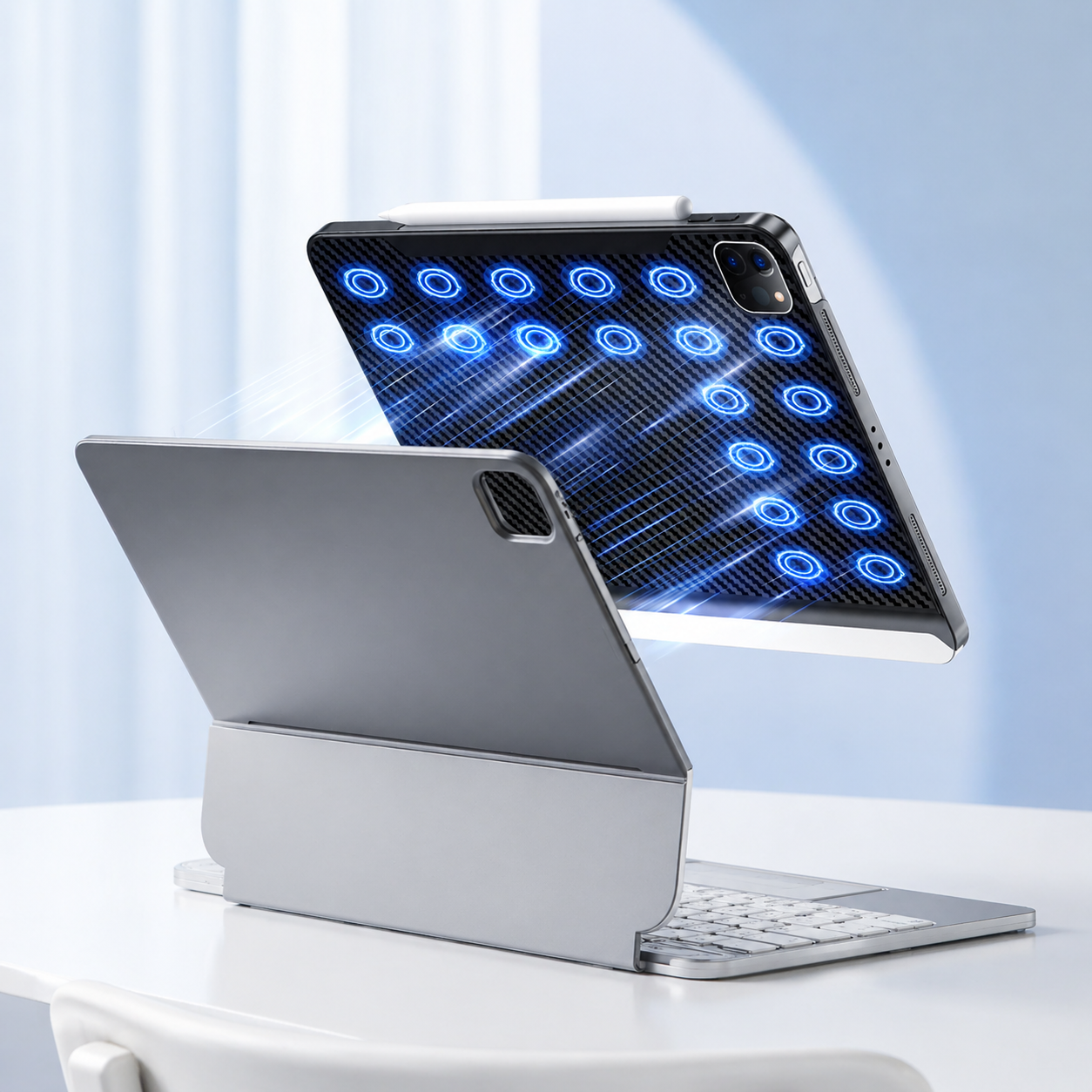 アルミフレームのタブレットとノートPC、グレーテーブルトップに置かれたイメージ